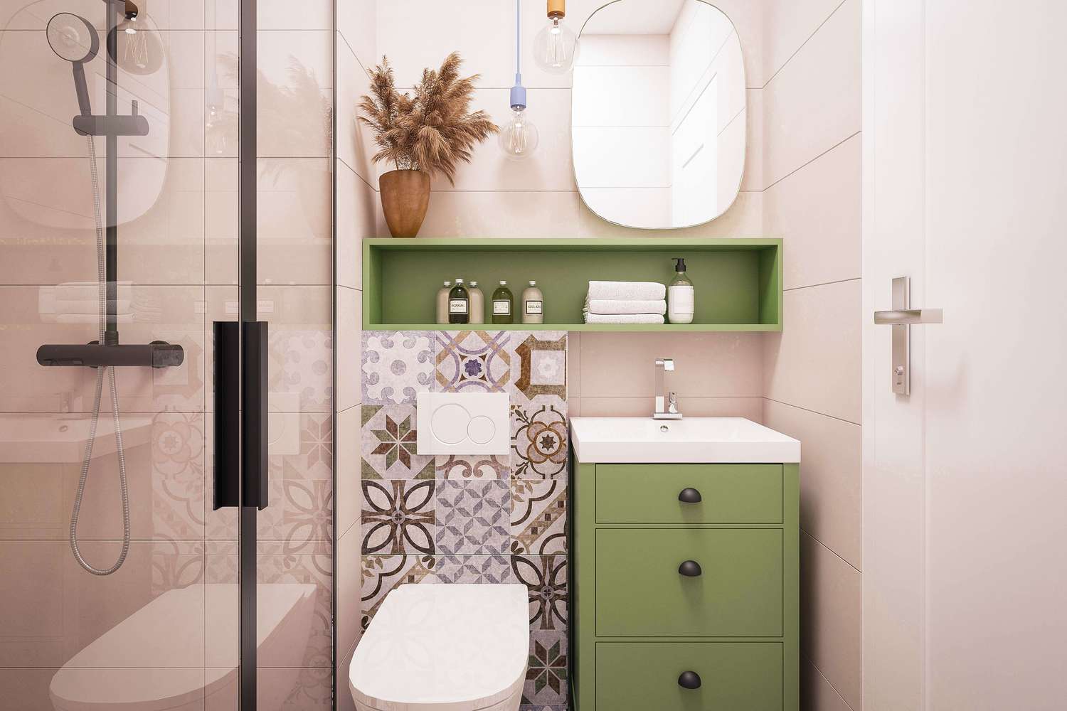 Modern small bathroom with green cabinet