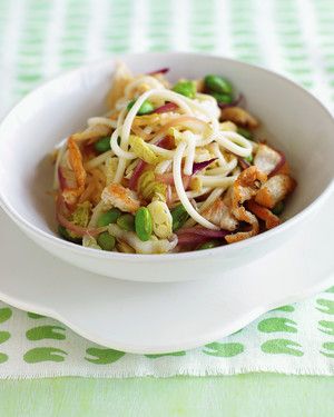 chicken stir-fry with noodles and edamame
