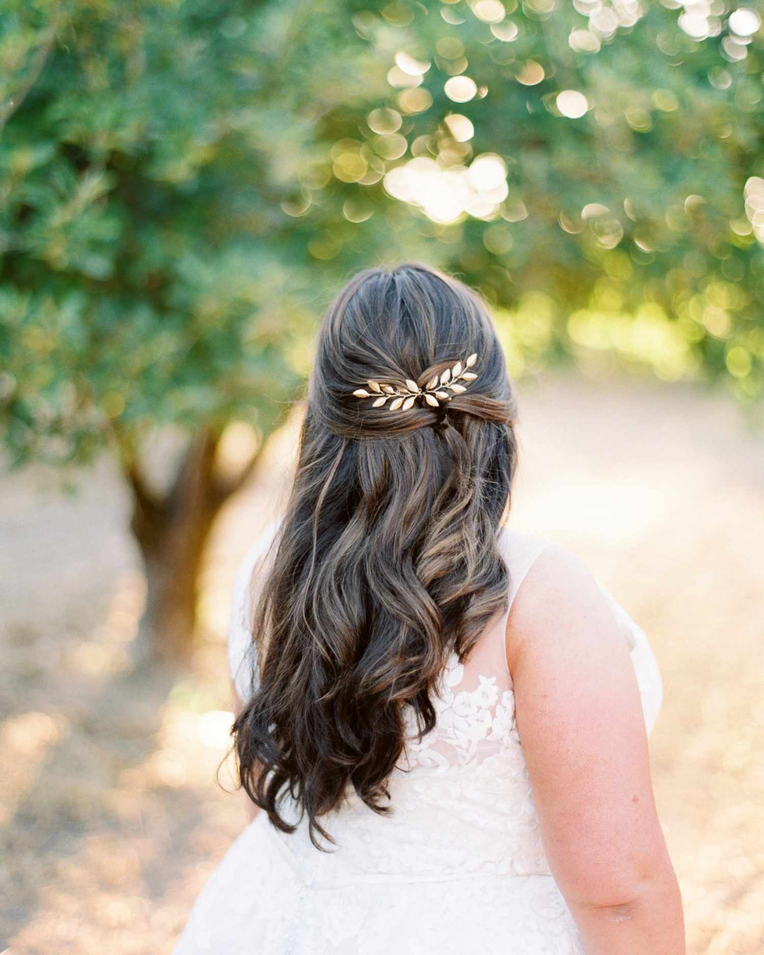 gold leaf hair accessory half-up half-down style
