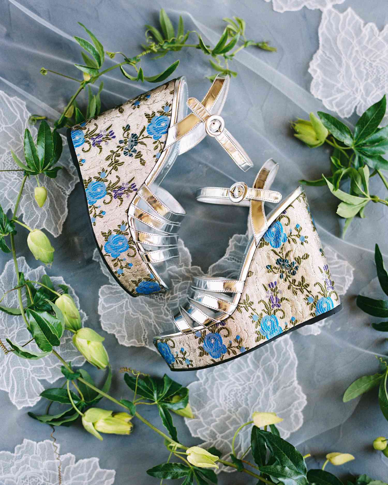 blue floral high heel wedding shoes
