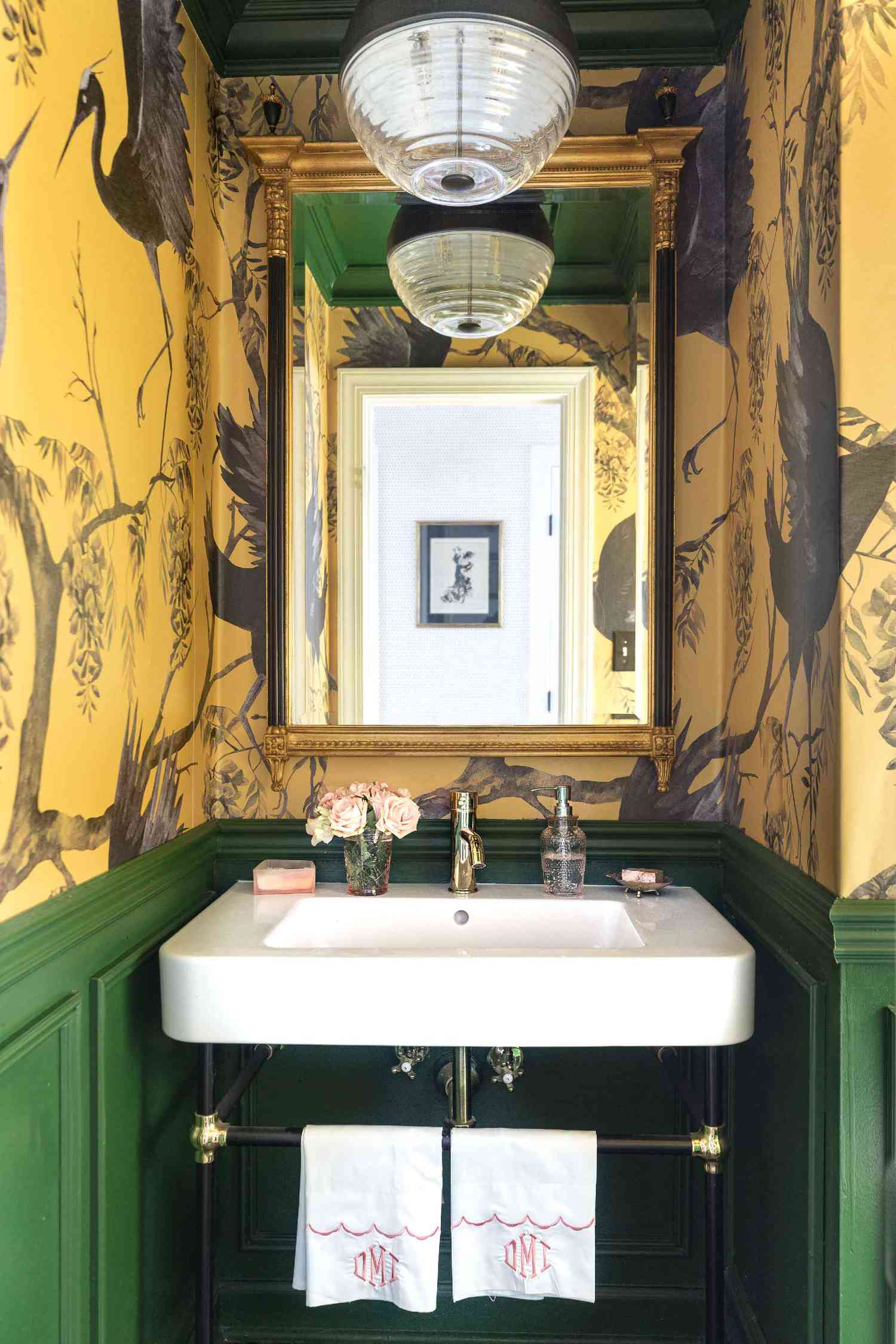 yellow and green stork wallpaper jewel box bathroom