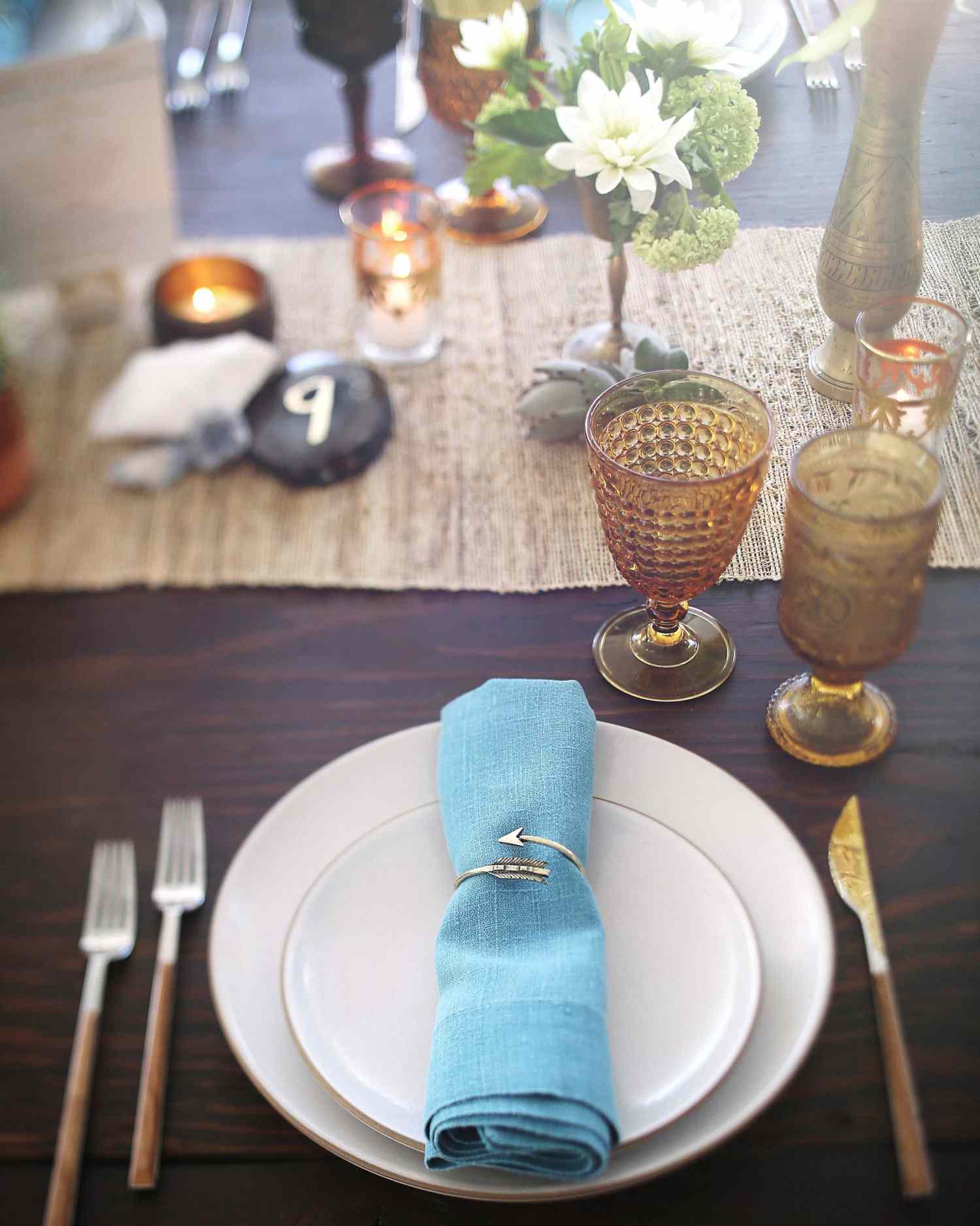 Blue, Orange, and Marble Table Setting
