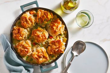 light and bright chicken potpie with phyllo clusters