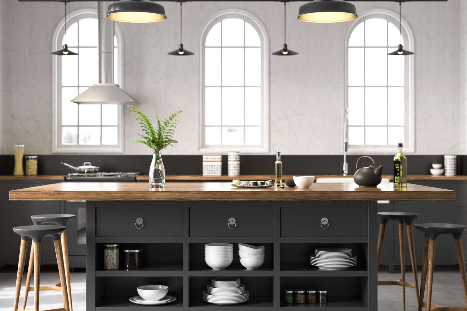 Dark grey painted kitchen cabinets