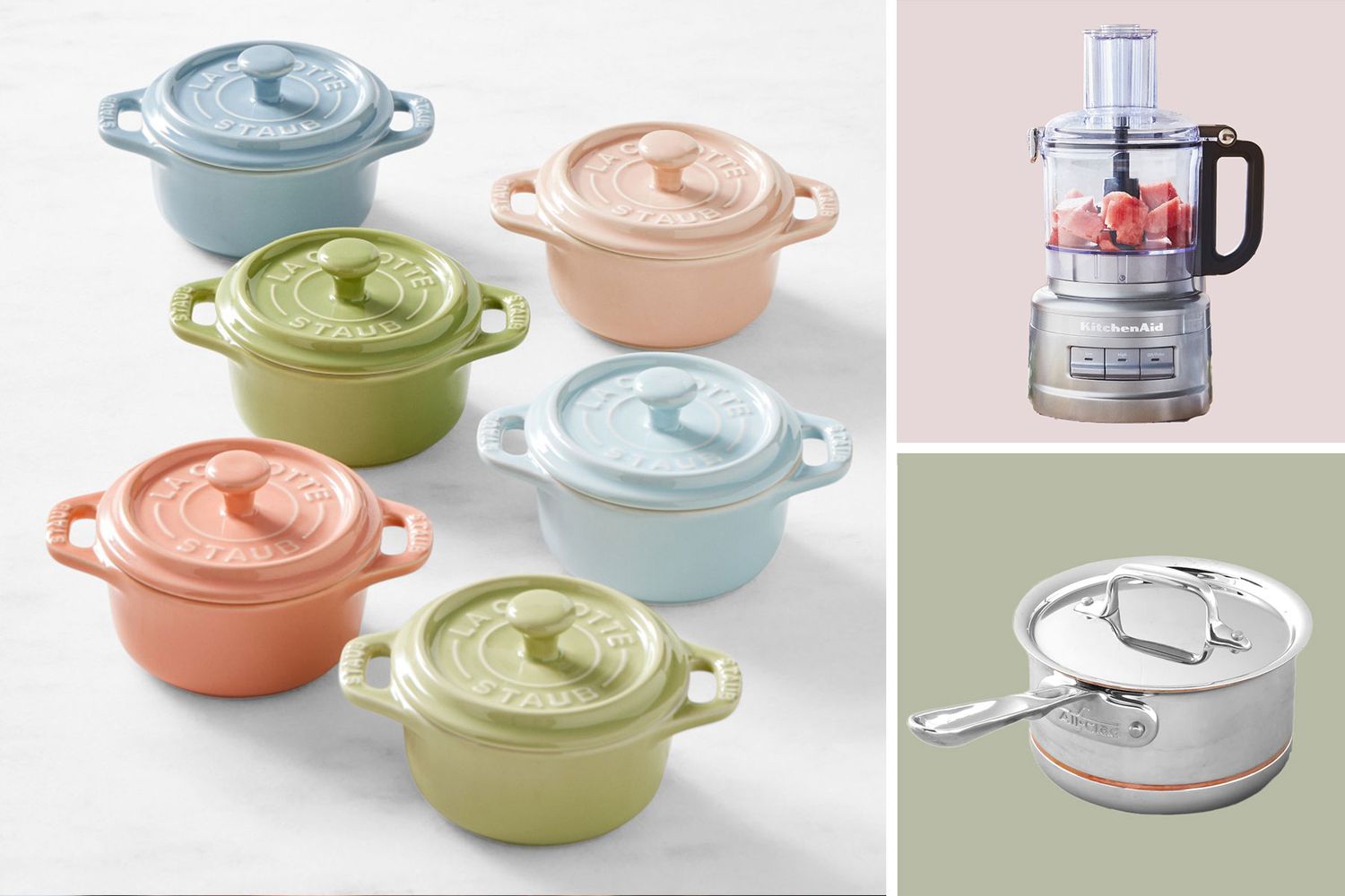 Assorted mini cocottes a food processor and a saucepan displayed separately