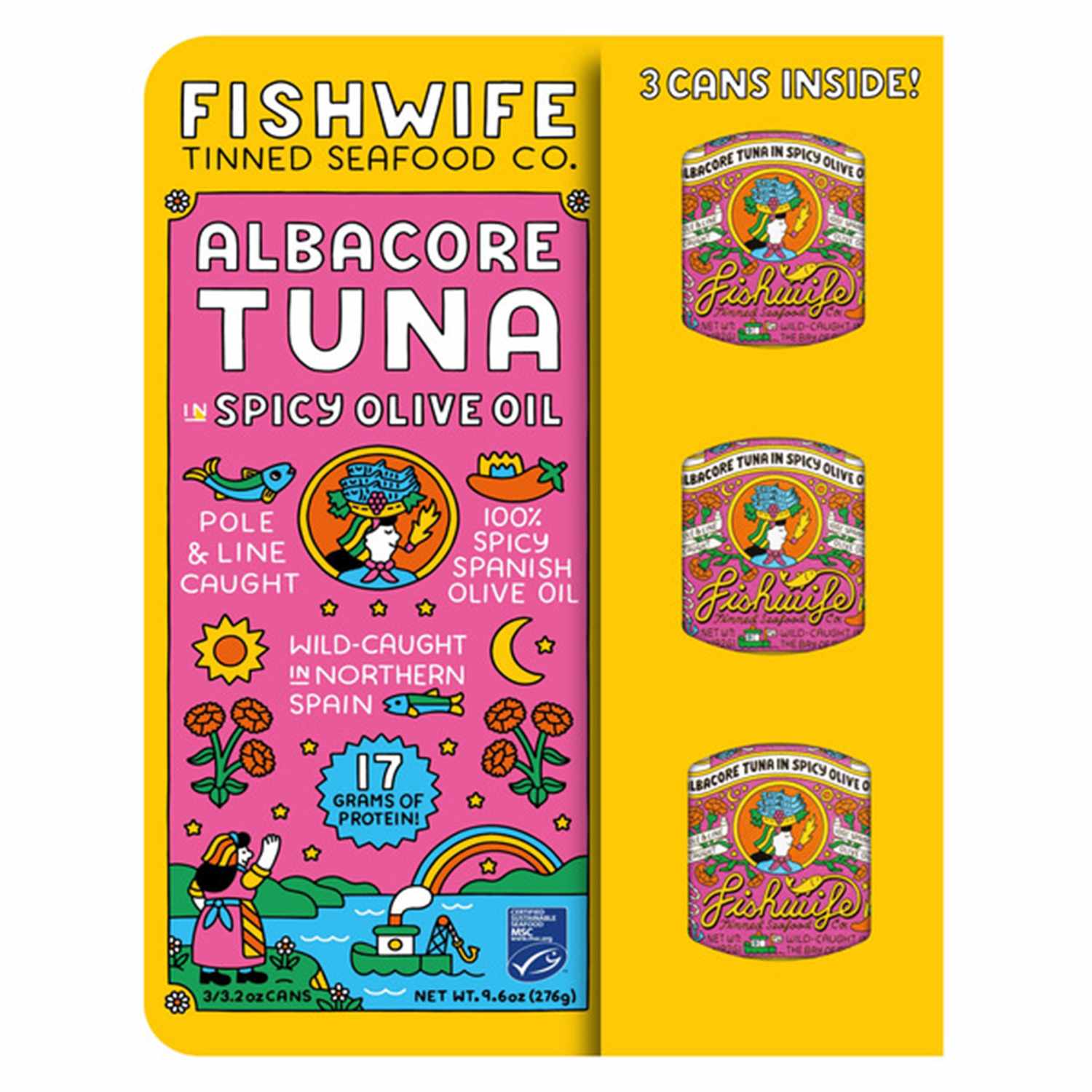Packaging of Fishwife albacore tuna in spicy olive oil showing colorful design and three small cans