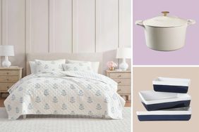 A bed with patterned bedding a round casserole pot and a set of stacked rectangular dishes