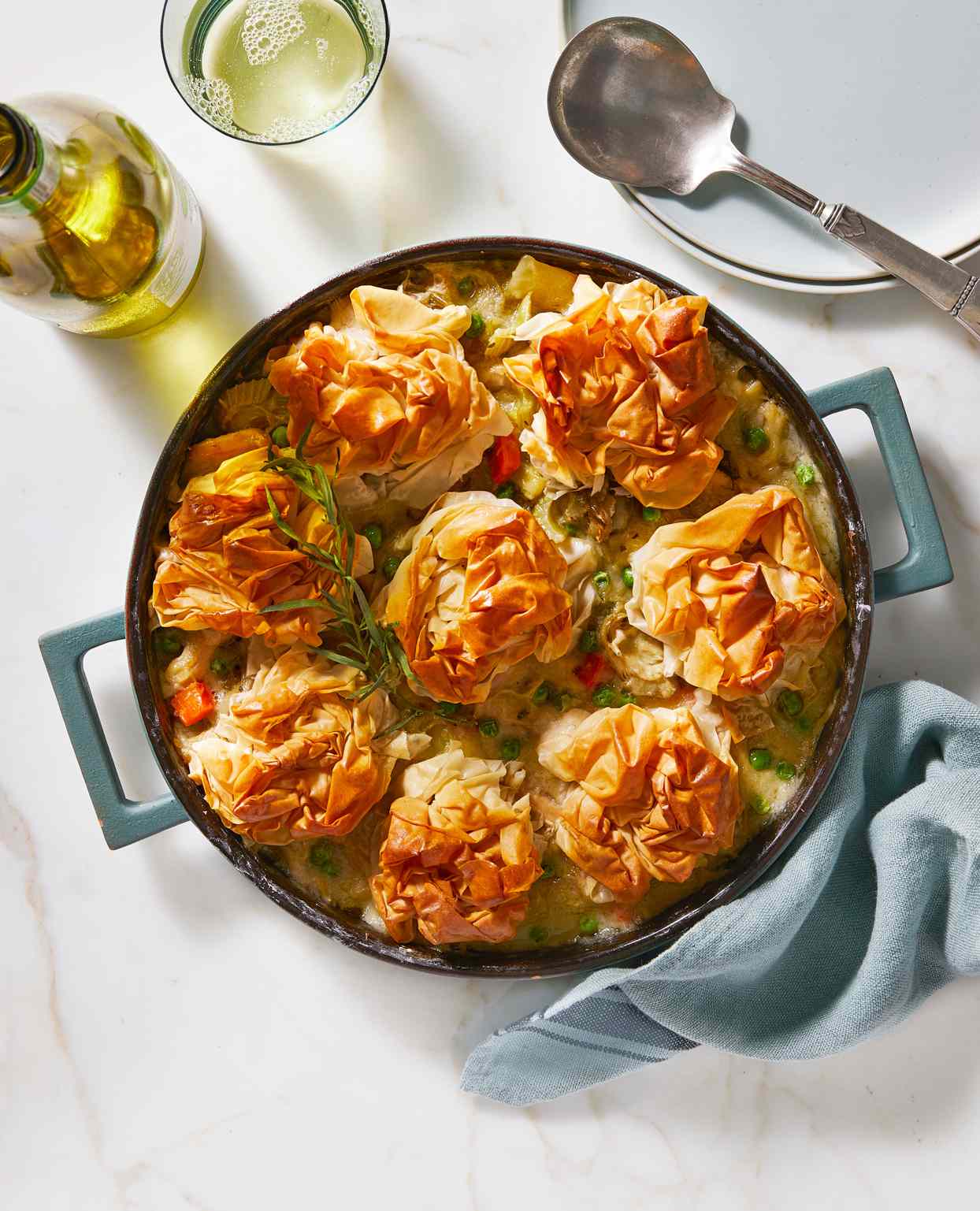 Light and Bright Chicken Potpie with Phyllo Clusters