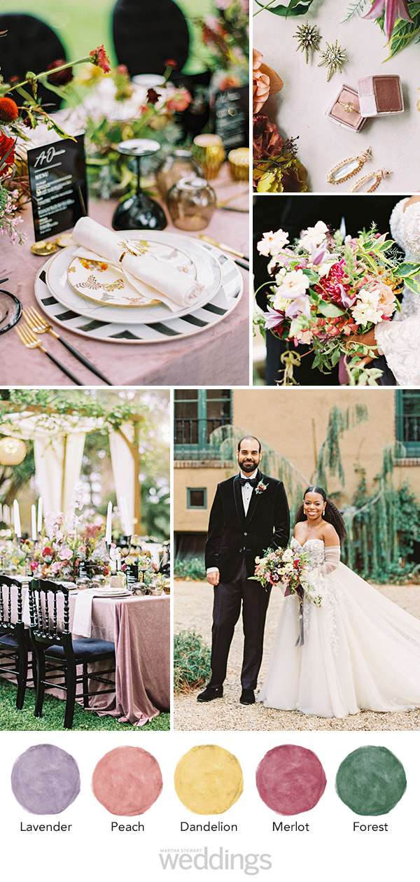 wedding color palette mood board lavender, peach, dandelion, merlot, forest