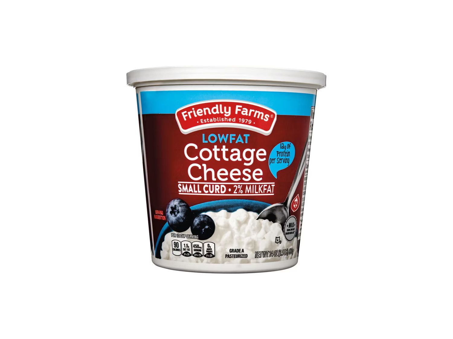 A container of Friendly Farms lowfat cottage cheese with blueberries depicted on the label