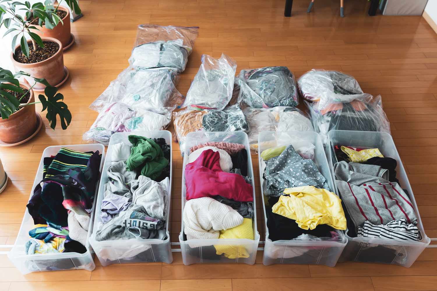 vacuum sealed storage bags and plastic bins with clothes
