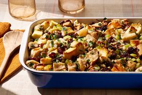 stuffing in a blue casserole dish