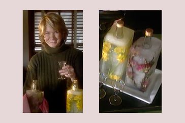 decorvow holding a drink and bottles encased in decorative ice displayed on a tray