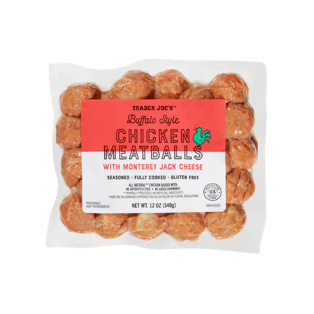 Packaged chicken meatballs labeled Buffalo Style with Monterey Jack Cheese