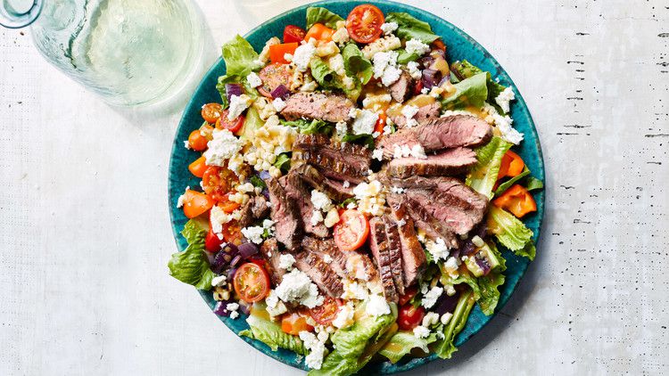 grilled skirt-steak salad topped with feta
