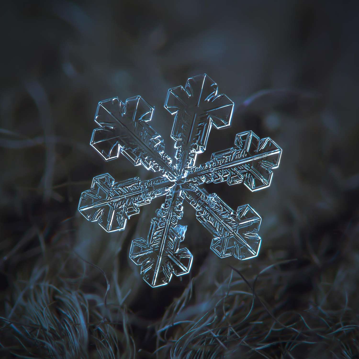 A closeup of a snowflake on a textured background showcasing its intricate symmetrical structure
