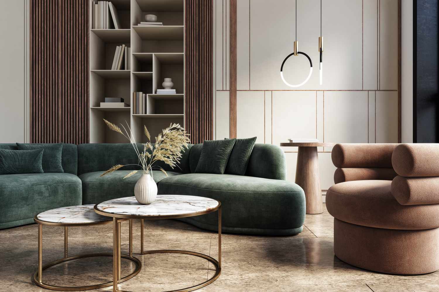 Modern living room with green velvet couch and marble floors