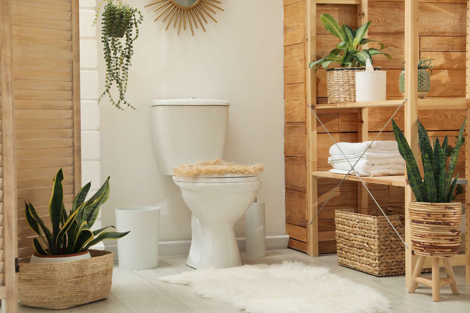 Bathroom interior toilet with plush cover surrounded by wooden shelves and potted plants