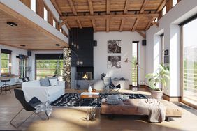 modern living room in a mountain house with neutral furniture