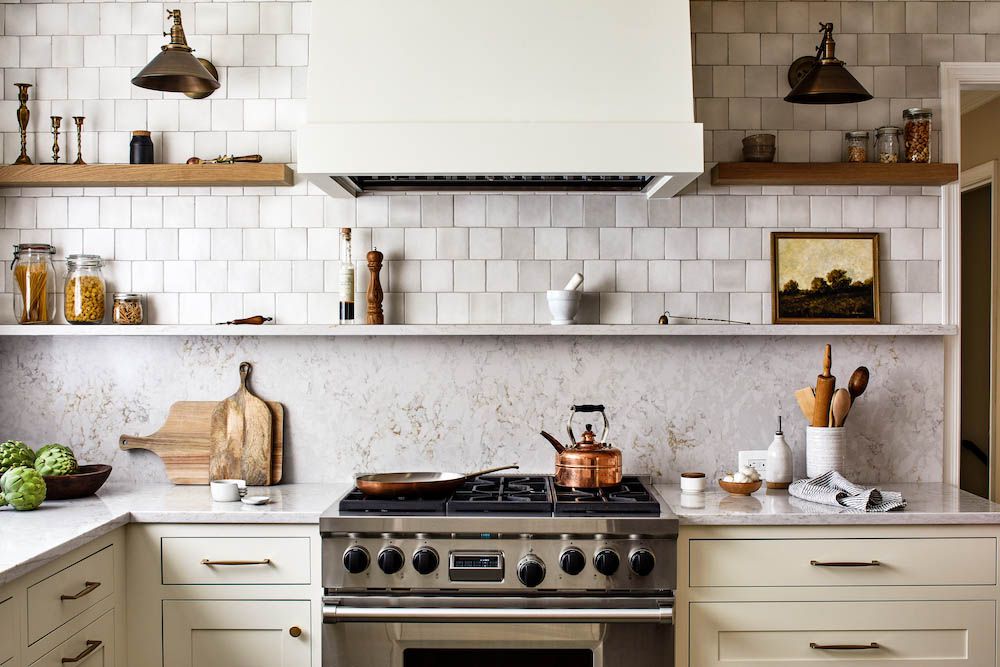 rustic kitchen with neutral tiles