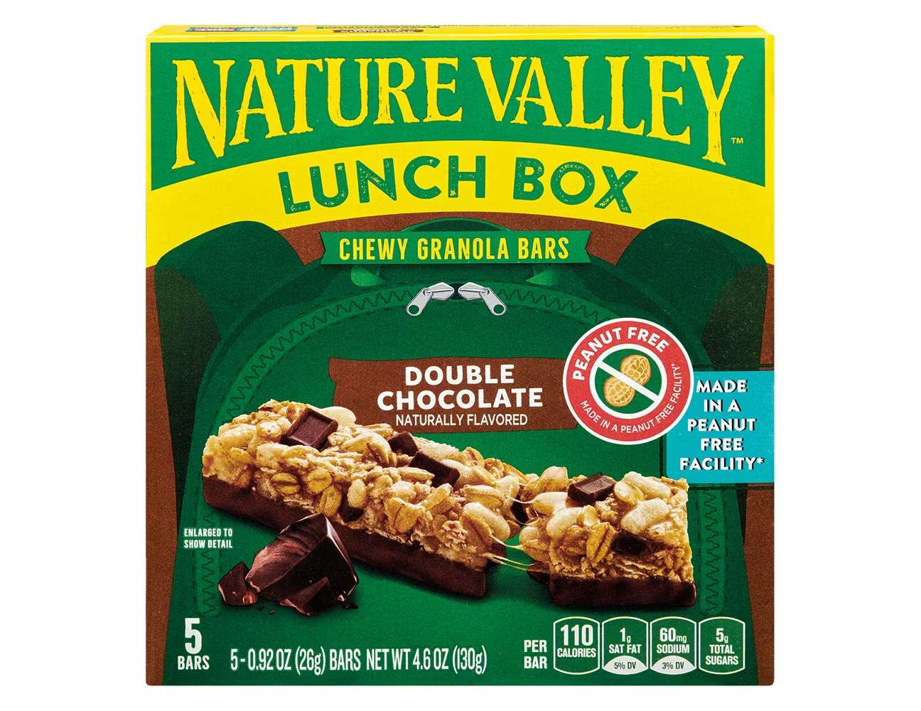 Nature Valley Lunch Box granola bar packaging featuring Double Chocolate flavor and a peanutfree label