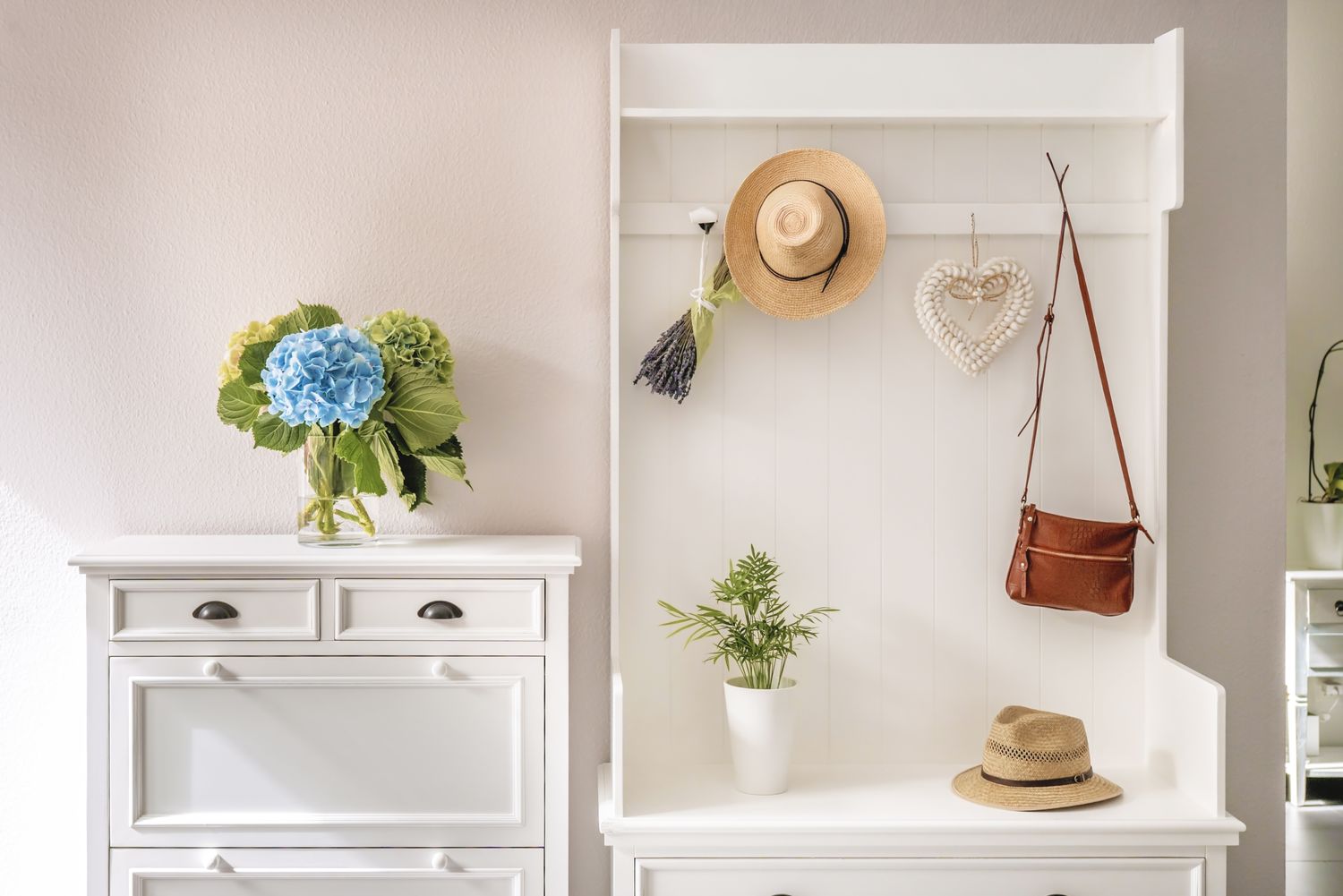 Entryway furniture with hooks a shelf a dresser decorations and accessories like hats a bag and potted plants