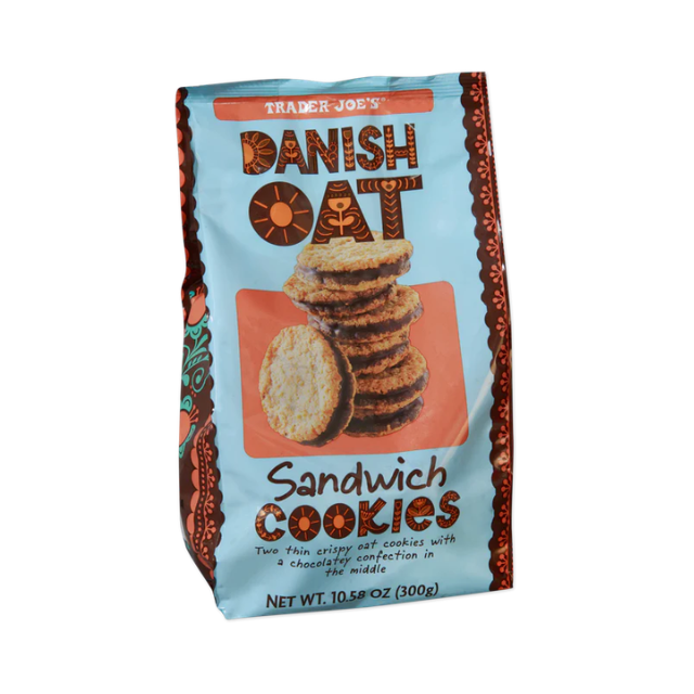 A bag of Trader Joes Danish Oat Sandwich Cookies with an image of the cookies on the packaging
