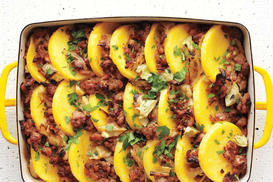 Baked Polenta with Sausage and Artichoke Hearts