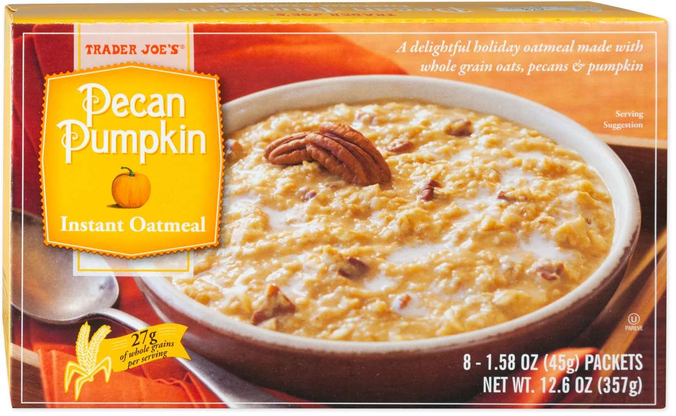 Box of Trader Joes pecan pumpkin instant oatmeal with a serving suggestion shown in a bowl