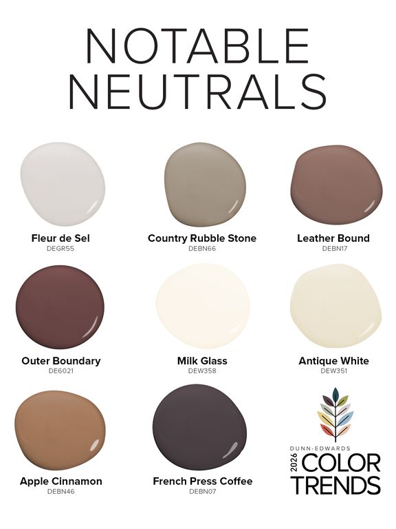 Color samples for a collection of neutral shades labeled with names such as Fleur de Sel Country Rubble Stone and others
