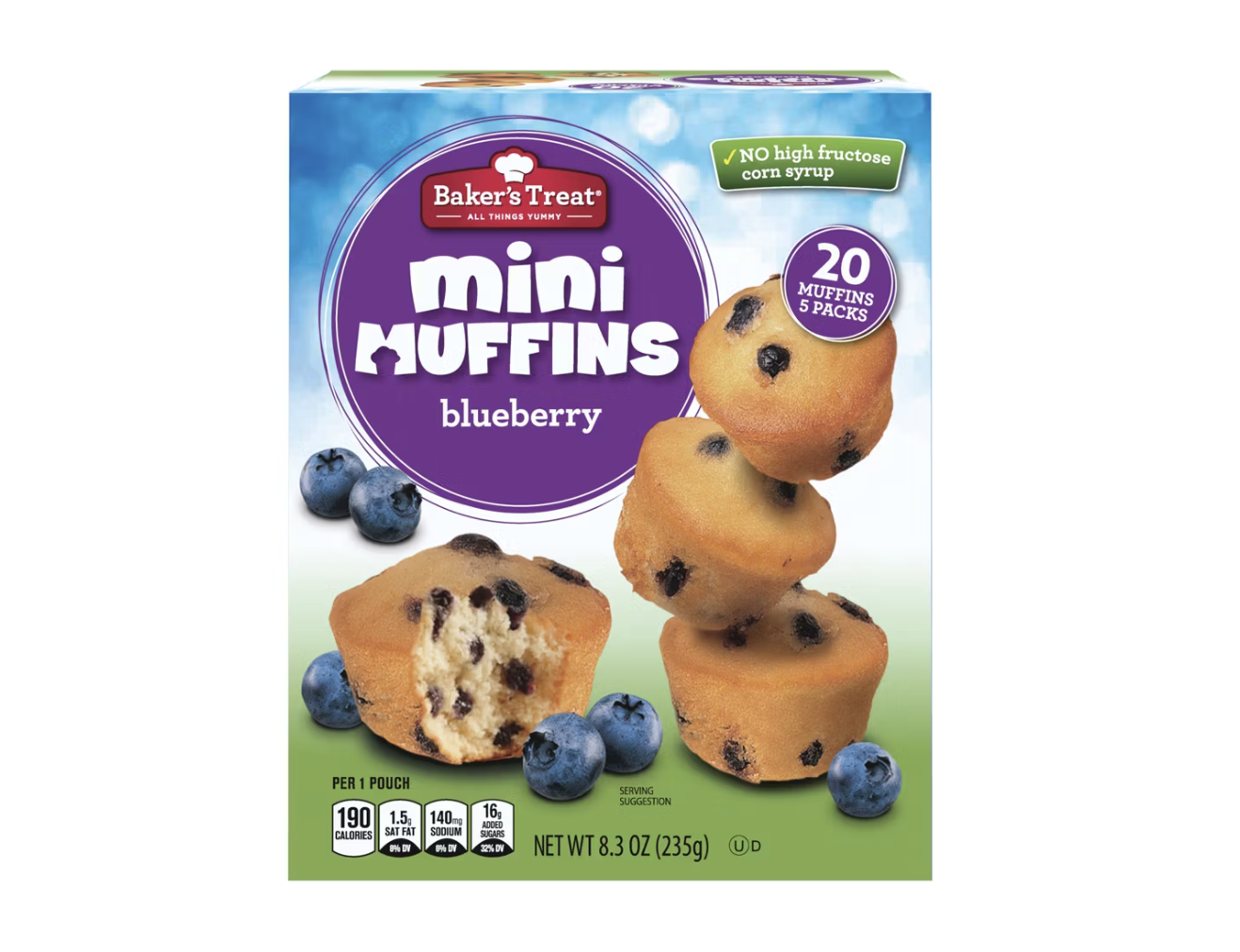 Box of blueberry mini muffins labeled Bakers Treat with blueberries shown around the muffins