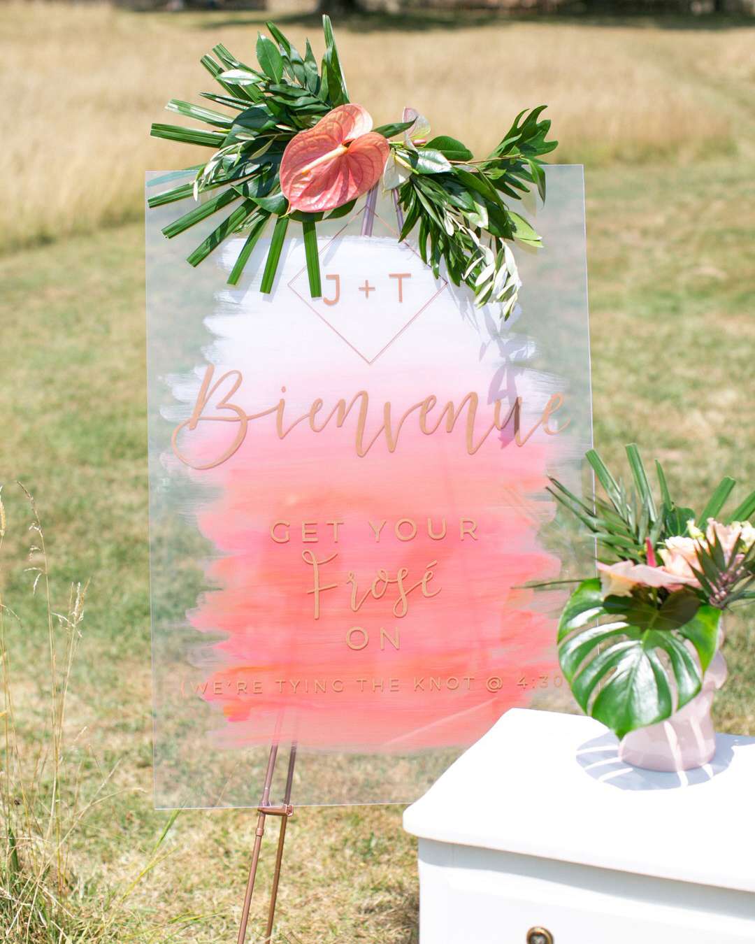 jen tim wedding clear sign with pink paint