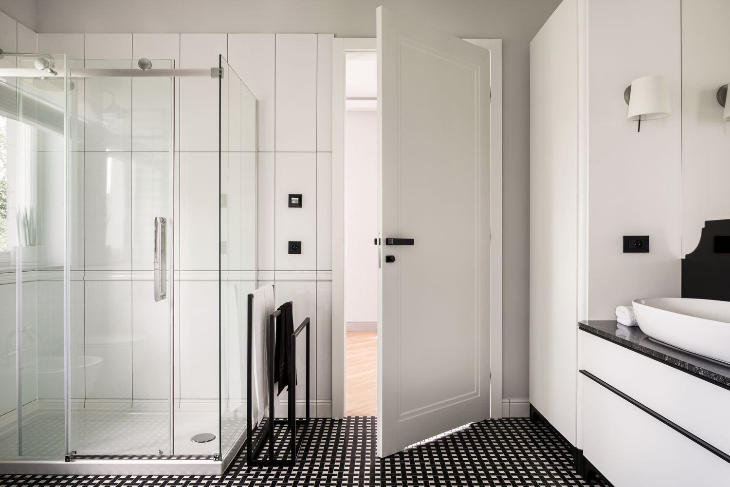 White and black bathroom with shower