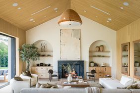 Living room with wood ceiling 