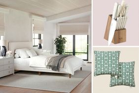 Three images showing a bedroom setup a knife block and patterned throw pillows