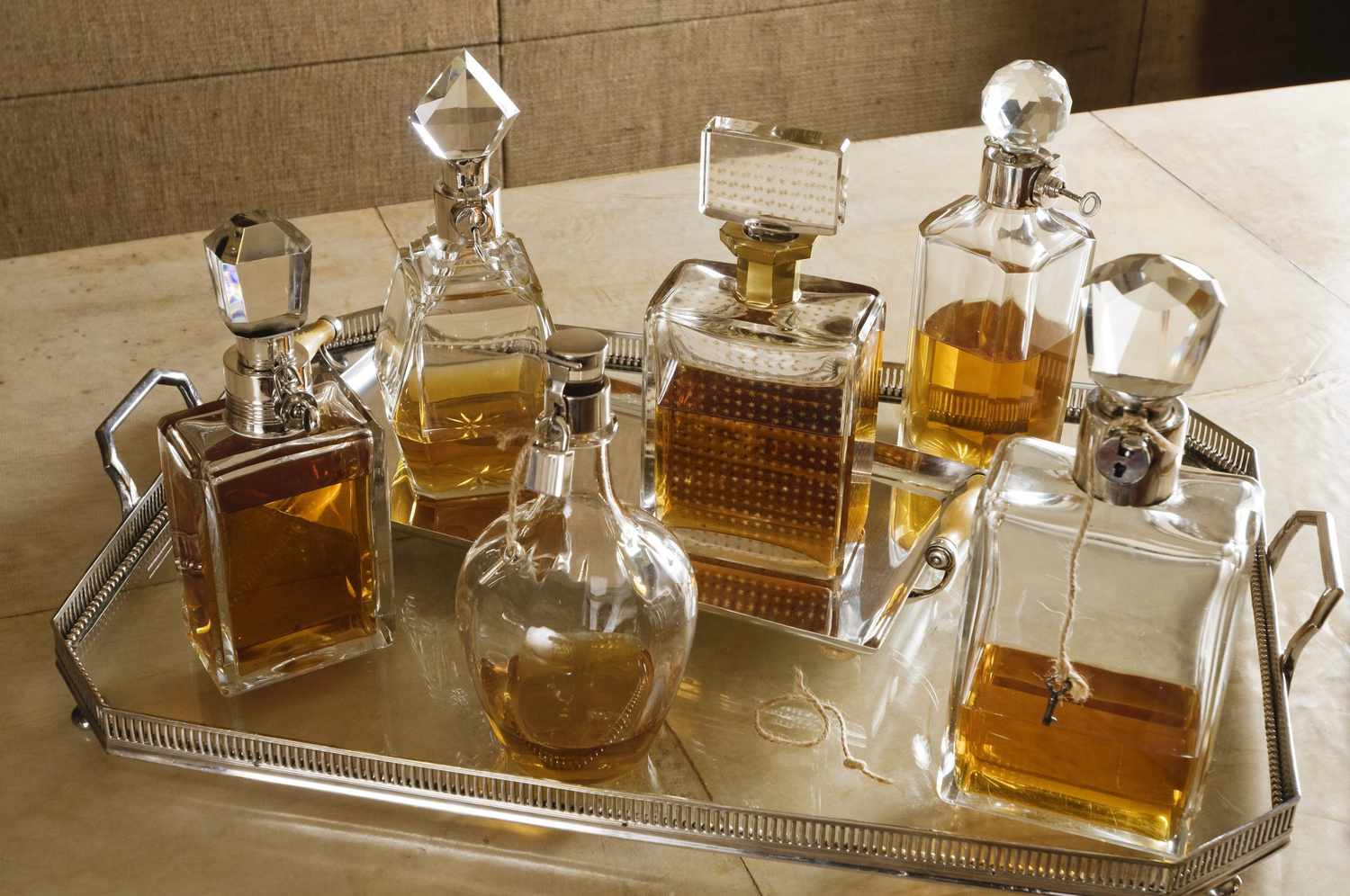 silver tray of decanters