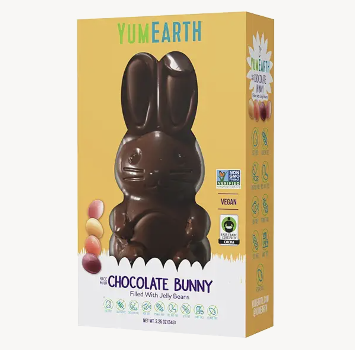 YumEarth chocolate bunny packaging with labeling for organic jelly beans vegan and nonGMO claims