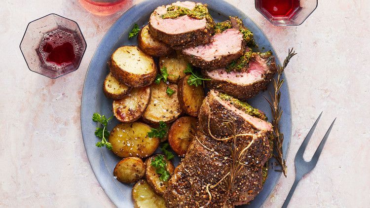 leg of lamb with pistachio stuffing and potatoes