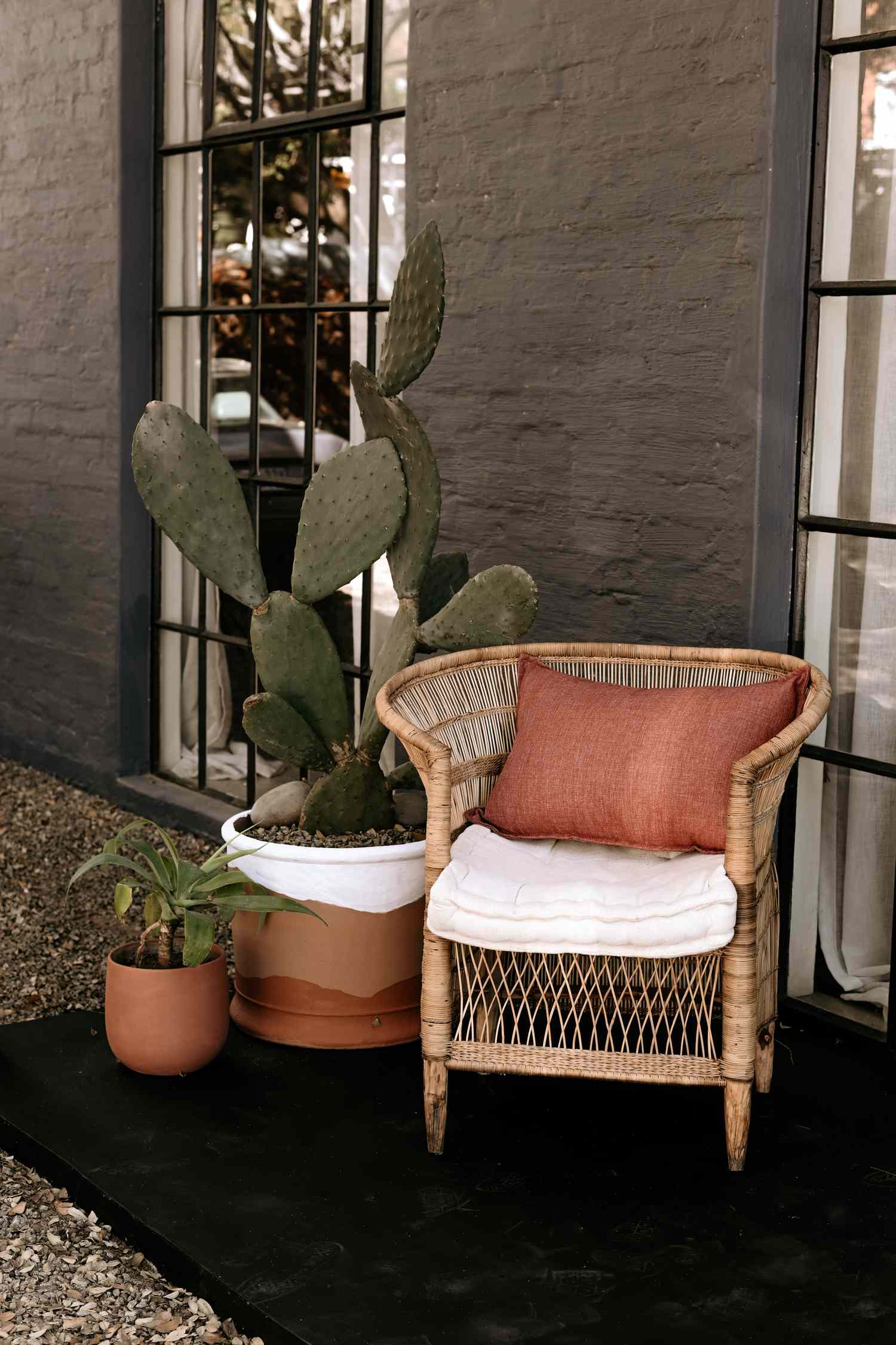 Outdoor wicker chair with cushions beside potted plants and a glasspaneled wall