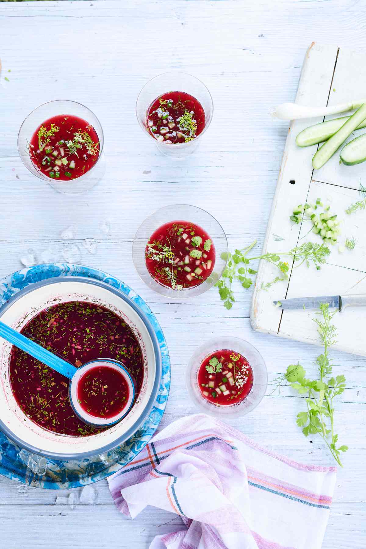 chilled sour-cherry soup flecked with dill and cilantro