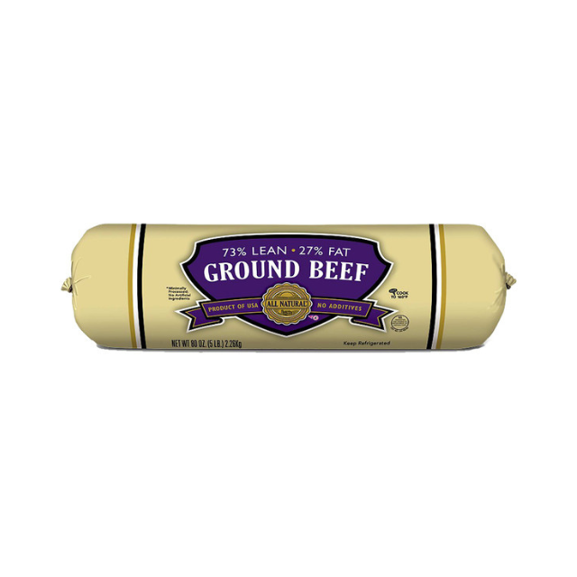 A packaged roll of ground beef labeled as 73 lean and 27 fat