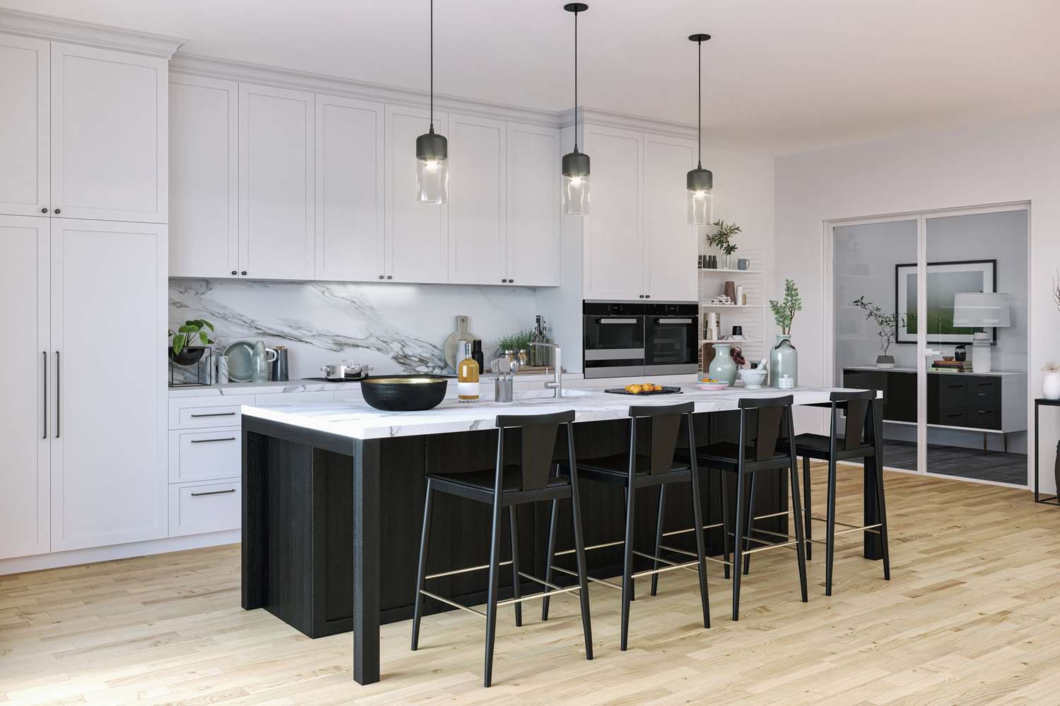 white floor to ceiling kitchen cabinets with white marble backsplash and island with black bar chairs