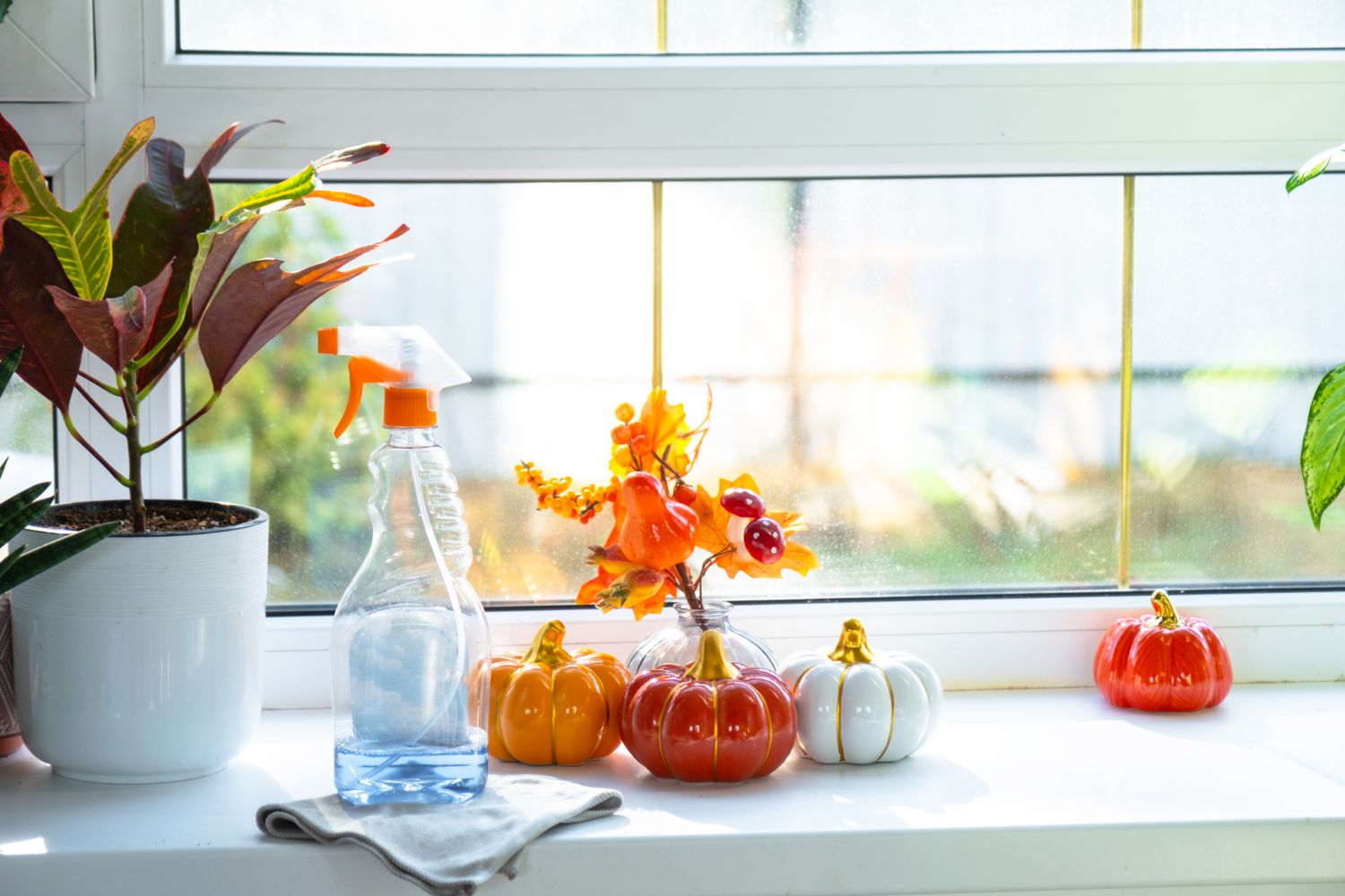 Decorative pumpkins and autumnthemed accents on a windowsill with plants