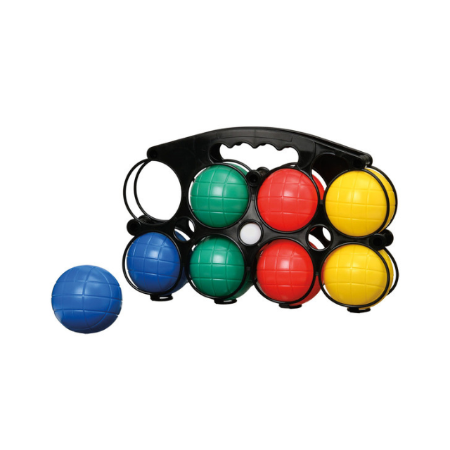 Set of bocce balls in a carrying case including blue red yellow and green balls