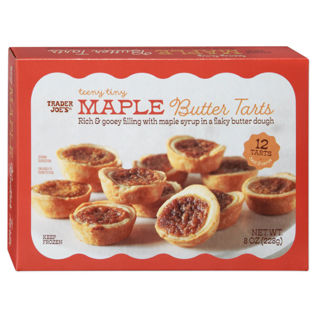 Box of Trader Joes Teeny Tiny Maple Butter Tarts featuring 12 tarts