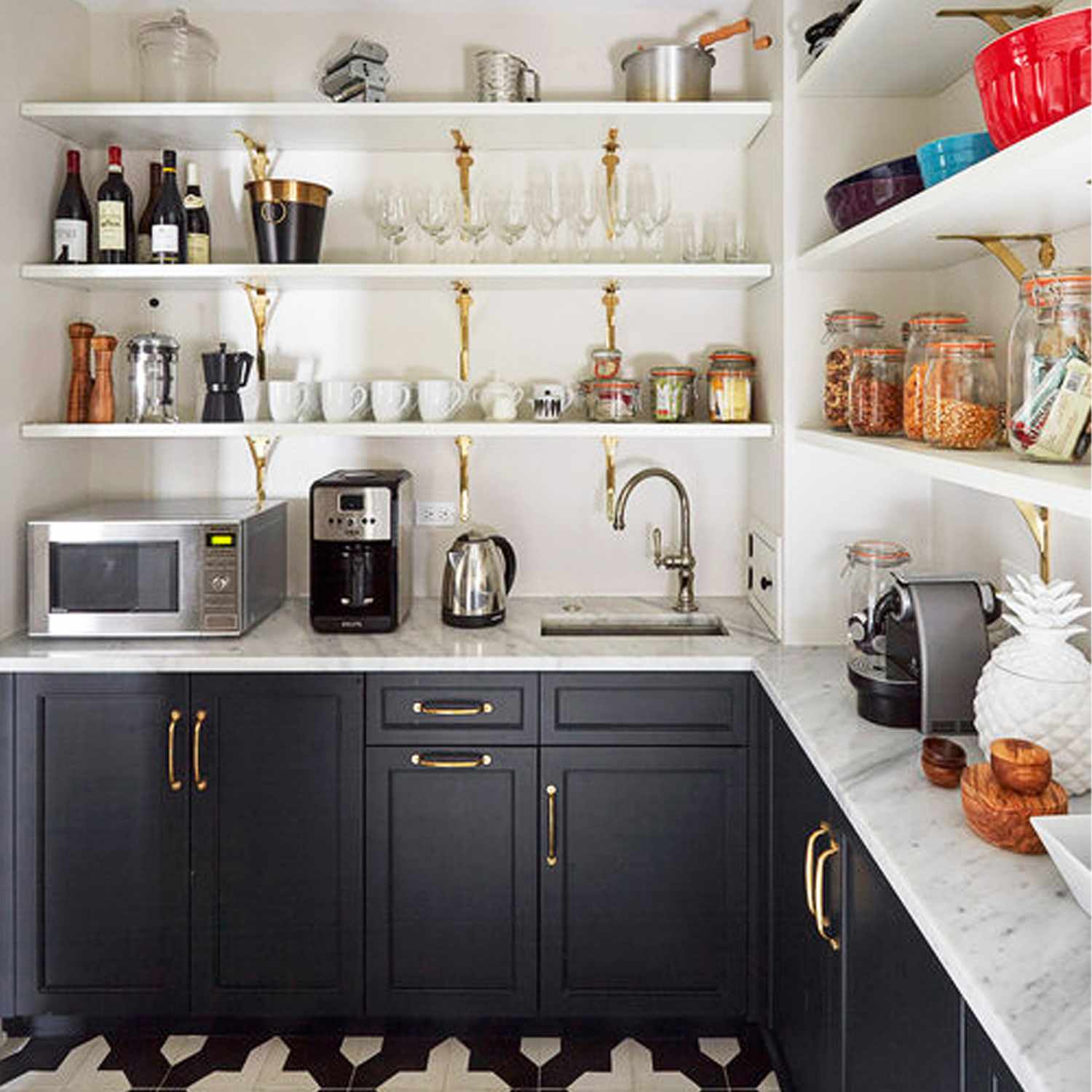 pantry organization open shelves blue cabinets