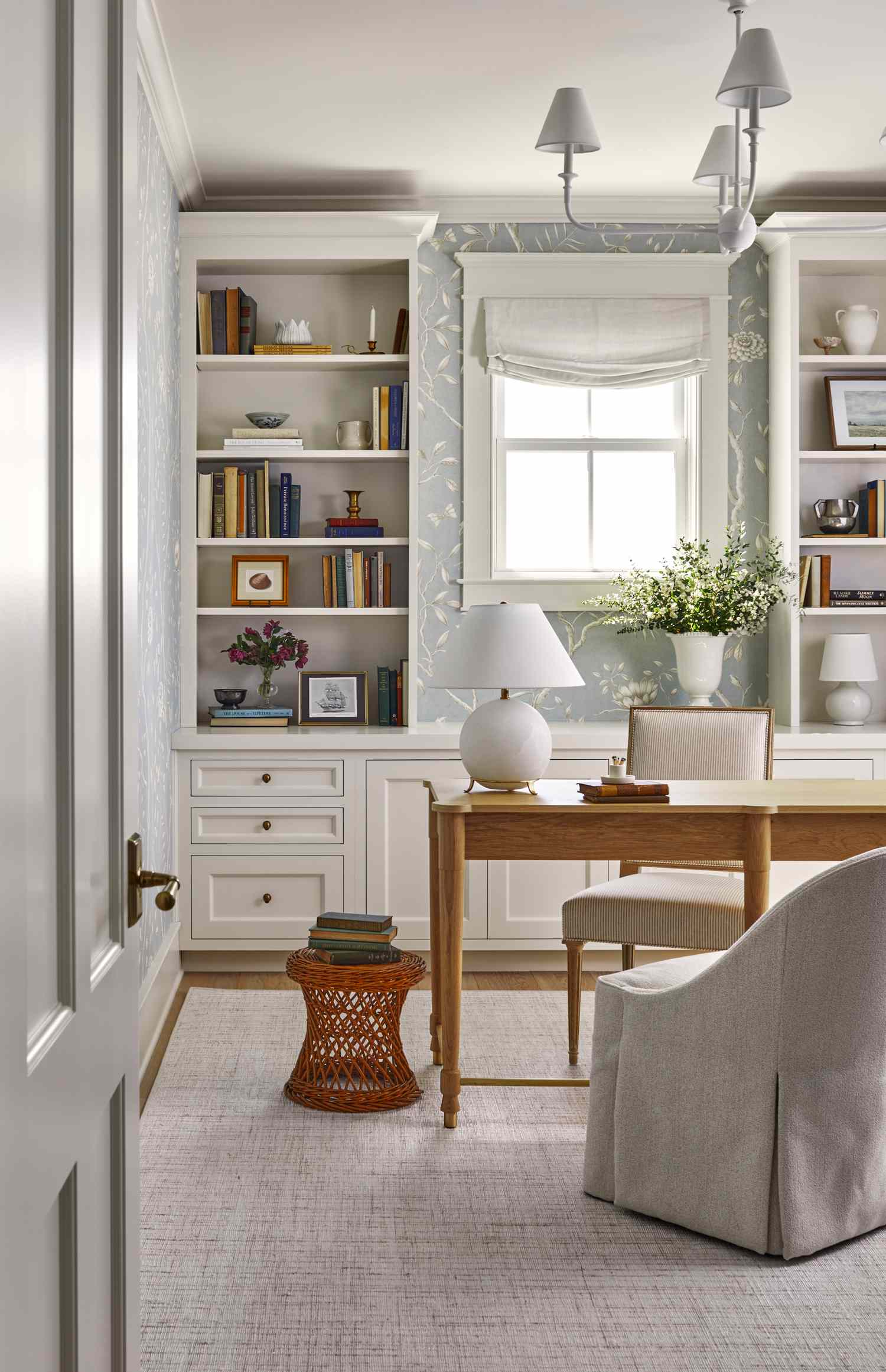 white home office with wallpaper