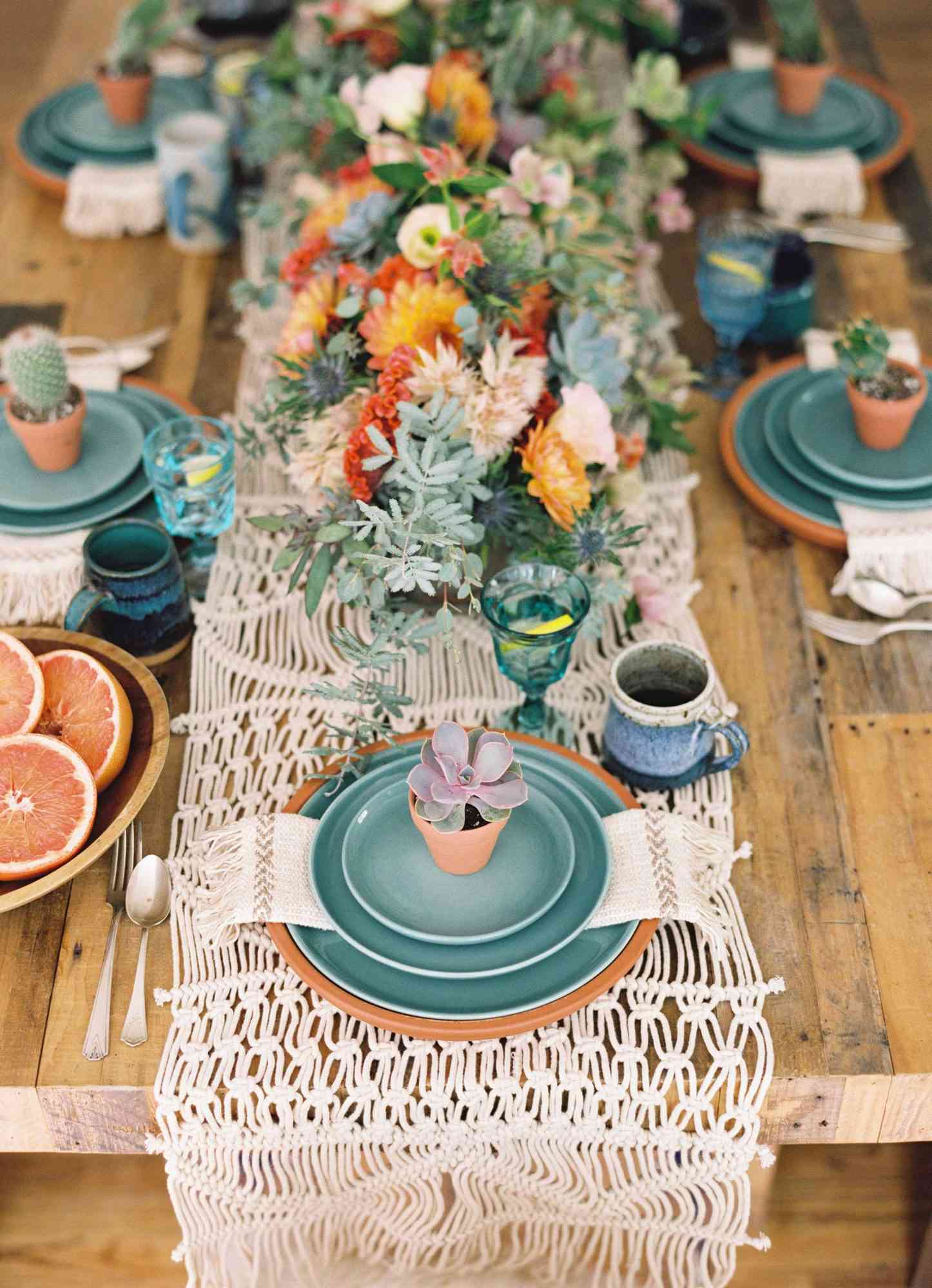 blue plate placesetting succulents