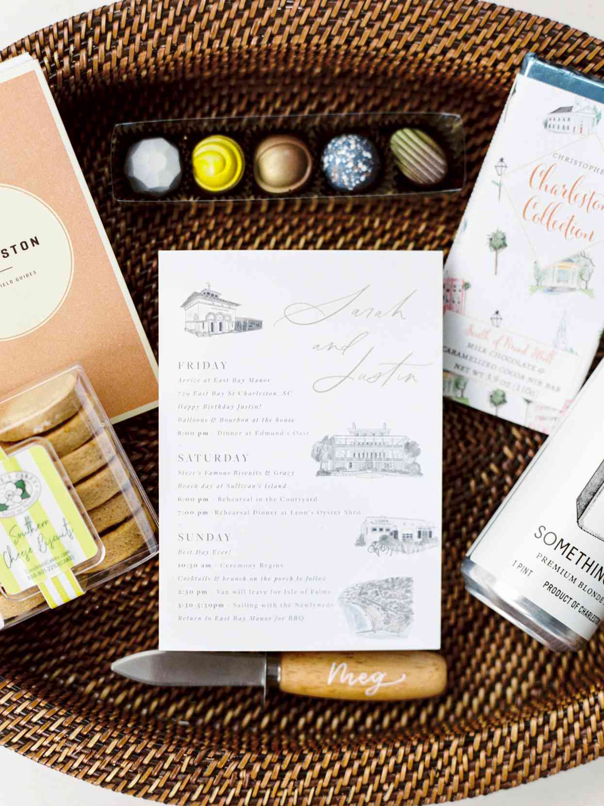 wedding welcome bag with various gifts