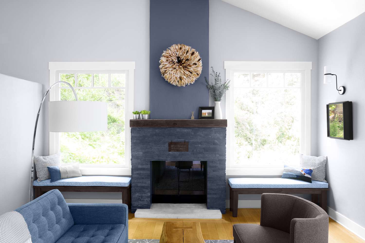 blue stacked stone fireplace